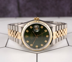 Rolex Datejust 36mm Yellow Gold Fluted Green Diamond Dial Jubilee Watch
