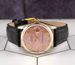 Rolex Datejust 36mm Yellow Gold Fluted Pink Diamond Dial Leather Band Watch