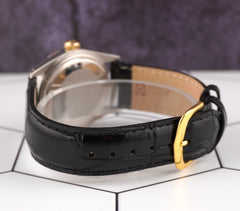 Rolex Datejust 36mm Yellow Gold Fluted Pink Palm Diamond Dial Leather Band Watch