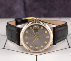 Rolex Datejust 36mm Yellow Gold Fluted Grey Diamond Dial Leather Band Watch