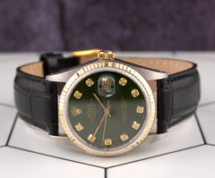 Rolex Datejust 36mm Yellow Gold Fluted Green Diamond Dial Leather Band Watch