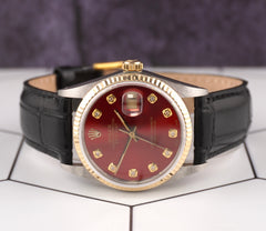 Rolex Datejust 36mm Yellow Gold Fluted Red Diamond Dial Leather Band Watch