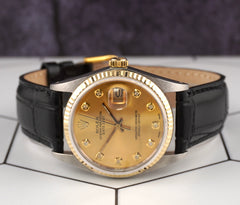 Rolex Datejust 36mm Yellow Gold Fluted Gold Diamond Dial Leather Band Watch