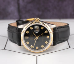 Rolex Datejust 36mm Yellow Gold Fluted Black Diamond Dial Leather Band Watch