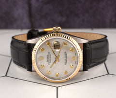 Rolex Datejust 36mm Yellow Gold Fluted White Mop Diamond Dial Leather Band Watch