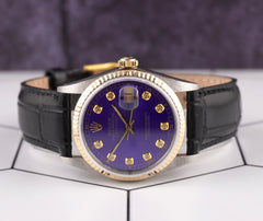 Rolex Datejust 36mm Yellow Gold Royal Blue Diamond Dial Leather Band Watch