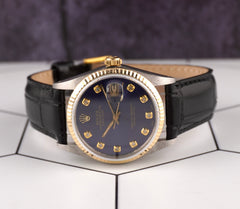 Rolex Datejust 36mm Yellow Gold Fluted Dark Blue Diamond Dial Leather Band Watch