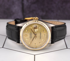 Rolex Datejust 36mm Yellow Gold Fluted Motif Diamond Dial Leather Band Watch