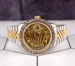 Rolex Datejust 36mm YG/Steel 2.50ct Diamonds Palm Motif Dial Hidden Clasp Watch