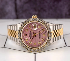 Rolex Mens Datejust 36mm 18k YG & Steel Iced 2.50ct Diamond Pink Palm Dial Watch