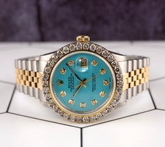 Rolex Mens Datejust 36mm 18k YG & Steel Iced 2.50ct Diamond Baby Blue Dial Watch