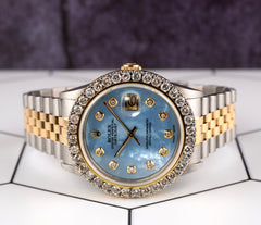 Rolex Mens Datejust 36mm 18k YG & Steel Iced 2.50ct Diamond Blue Mop Dial Watch