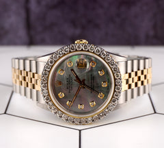 Rolex Mens Datejust 36mm 18k YG & Steel Iced 2.50ct Diamond Black Mop Dial Watch