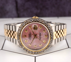 Rolex Mens Datejust 36mm 18k YG & Steel Iced 2.50ct Diamond Pink Mop Dial Watch