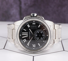 Cartier Calibre 42mm Men's Steel Watch Black Dial Iced 6ct Diamonds Ref 3389