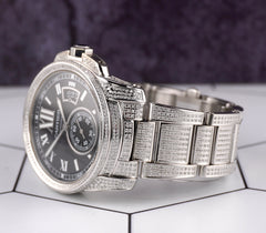 Cartier Calibre 42mm Men's Steel Watch Black Dial Iced 6ct Diamonds Ref 3389