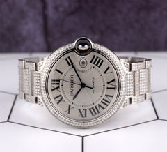 Cartier Ballon Bleu 42mm Iced 7ct Diamonds Silver Dial Steel Mens Watch 3001
