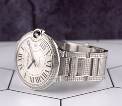 Cartier Ballon Bleu 42mm Iced 7ct Diamonds Silver Dial Steel Mens Watch 3001
