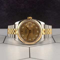 Rolex 36mm Datejust Steel Yellow Gold Champagne Diamond Dial Men's Watch 116233