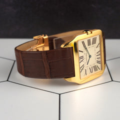 Cartier 35mm Santos Dumont 18k Yellow Gold Roman Dial Leather Watch W2006851