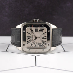 Cartier 38mm Santos 100 Large Steel Silver Dial Leather Band Men's Watch 2656