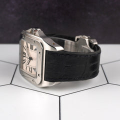 Cartier 38mm Santos 100 Large Steel Silver Dial Leather Band Men's Watch 2656
