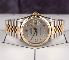 Rolex Datejust 36mm Yellow Gold Fluted Silver Diamond Dial Jubilee Watch