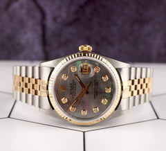 Rolex Datejust 36mm 18k YG & Steel Fluted Black MOP Diamond Dial Watch 16013