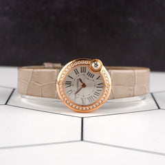Cartier 30mm Ballon Blanc Rose Gold Diamond Bezel Silver Dial Ladies Watch 4162
