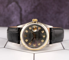 Rolex Datejust 36mm Yellow Gold Fluted Black Mop Diamond Dial Leather Band Watch