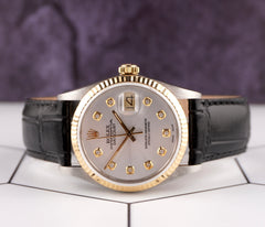 Rolex Datejust 36mm Yellow Gold Fluted Silver Diamond Dial Leather Band Watch