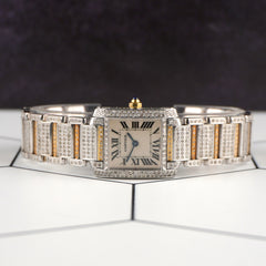Cartier 25x20mm Tank Silver Dial 4ct Diamond Steel Ladies Watch 2384