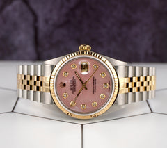 Rolex Datejust 36mm 18k YG & Steel Fluted Pink MOP Diamond Dial Watch 16013