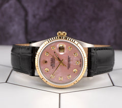 Rolex Datejust 36mm Yellow Gold Fluted Pink Mop Diamond Dial Leather Band Watch