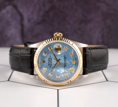 Rolex Datejust 36mm Yellow Gold Fluted Blue Mop Diamond Dial Leather Band Watch