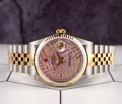 Rolex Datejust 36mm 18k YG & Steel Fluted Pink Palm Diamond Dial Watch 16013
