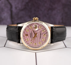 Rolex Datejust 36mm Yellow Gold Fluted Pink Palm Diamond Dial Leather Band Watch