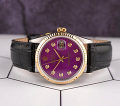 Rolex Datejust 36mm Yellow Gold Fluted Purple Diamond Dial Leather Band Watch