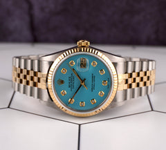 Rolex Datejust 36mm 18k YG & Steel Fluted Baby Blue Diamond Dial Watch 16013