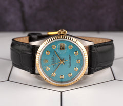 Rolex Datejust 36mm Yellow Gold Fluted Baby Blue Diamond Dial Leather Band Watch