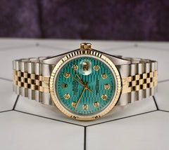 Rolex Datejust 36mm 18k YG & Steel Fluted Blue Motif Diamond Dial Watch 16013