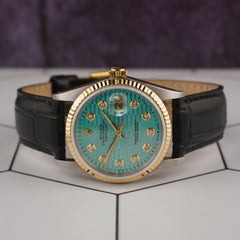 Rolex Datejust 36mm YellowGold Fluted Blue Motif Diamond Dial Leather Band Watch