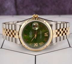 Rolex Datejust 36mm 18k YG & Steel Fluted Green Roman Diamond Dial Watch 16013