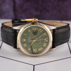 Rolex Datejust 36mm YellowGold Fluted Green Roman Diamond Dial LeatherBand Watch