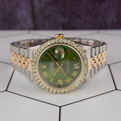 Rolex Men's Datejust 36mm YG & Steel ICED 2.50ct Diamonds Green Roman Dial Watch