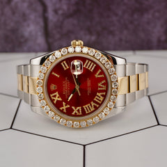 Rolex Men's Datejust 41mm 18k Gold & Steel Iced 3ct Diamonds Red Roman 116333