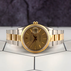 Rolex 34mm Date Steel Yellow Gold Champagne Dial Mens Watch 15223