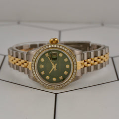 Rolex Ladies Datejust 26mm 18k Gold & Steel Watch 1.5ct Diamonds Green Dial