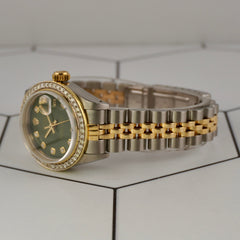 Rolex Ladies Datejust 26mm 18k Gold & Steel Watch 1.5ct Diamonds Green Dial