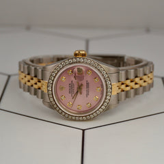 Rolex Ladies Datejust 26mm 18k Gold & Steel Watch Pink Dial 1.5ct Diamonds 69173